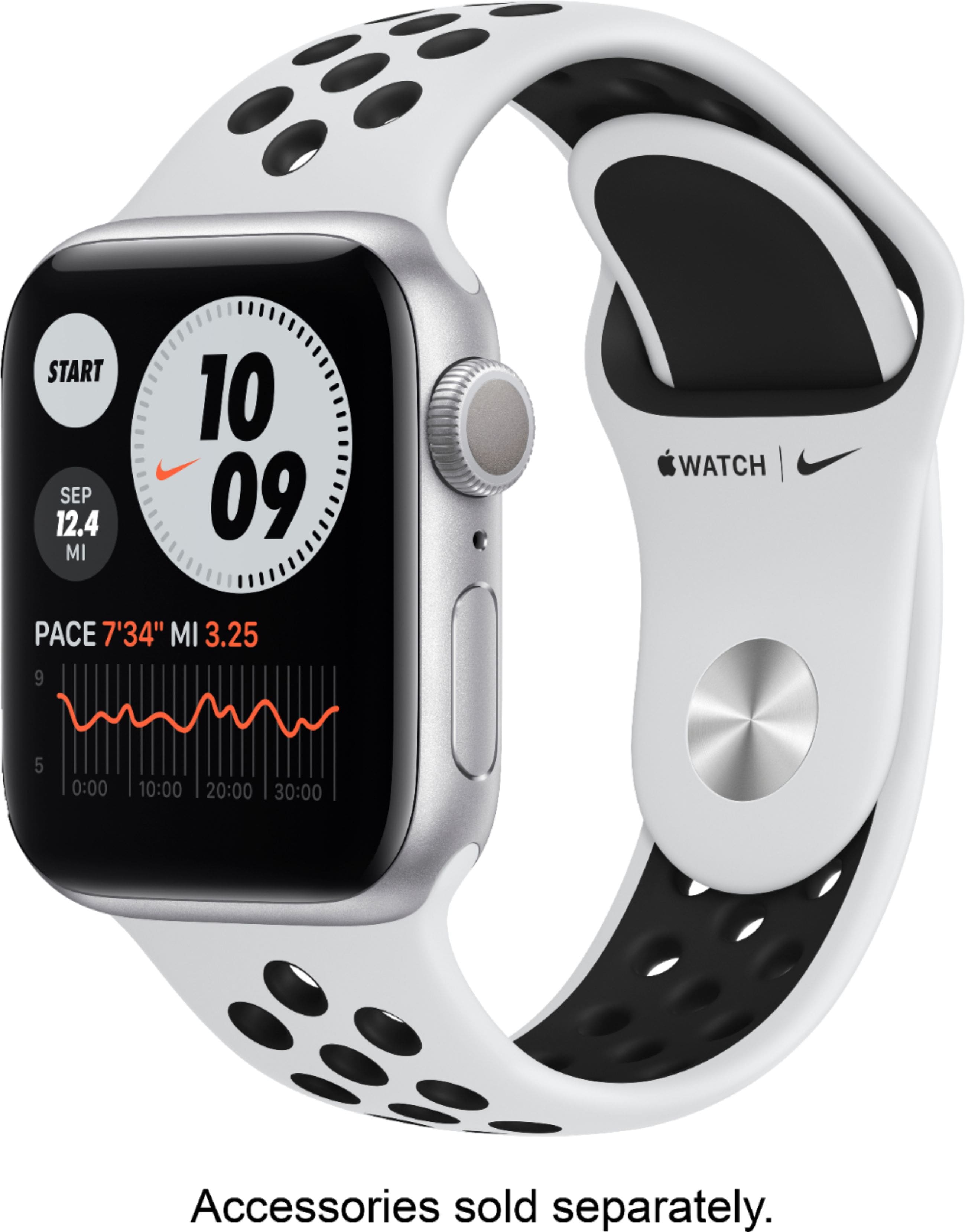 Apple Geek Squad Certified Refurbished Watch Nike Series 6 (GPS) 40mm Aluminum Case with Pure Platinum/Black Nike Sport Band…