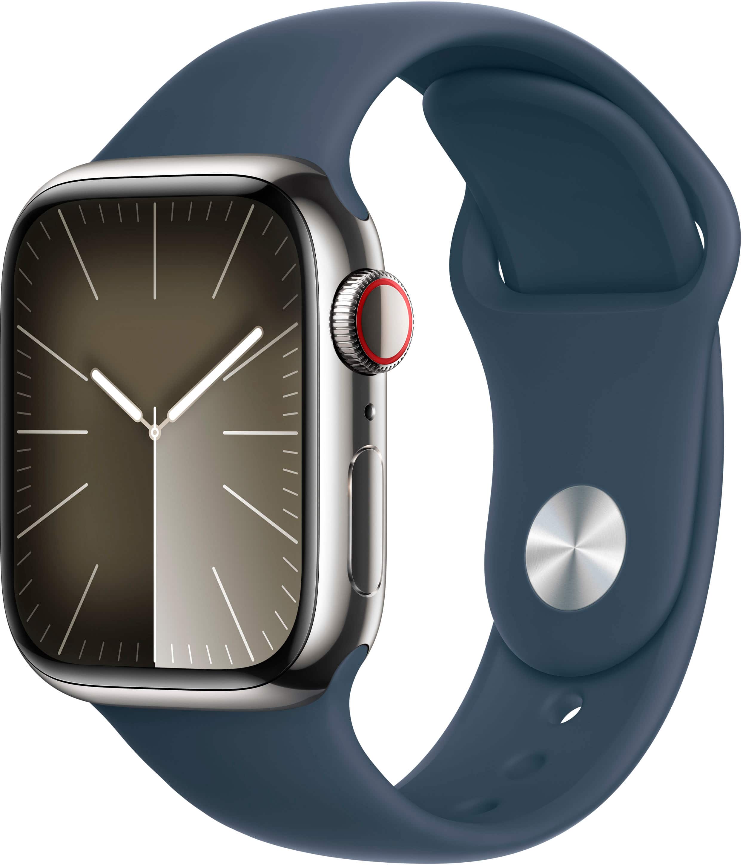 Apple Watch Series 9 (GPS + Cellular) 41mm Silver Stainless Steel Case with Storm Blue Sport Band w/ Blood Oxygen - S/M - Si…