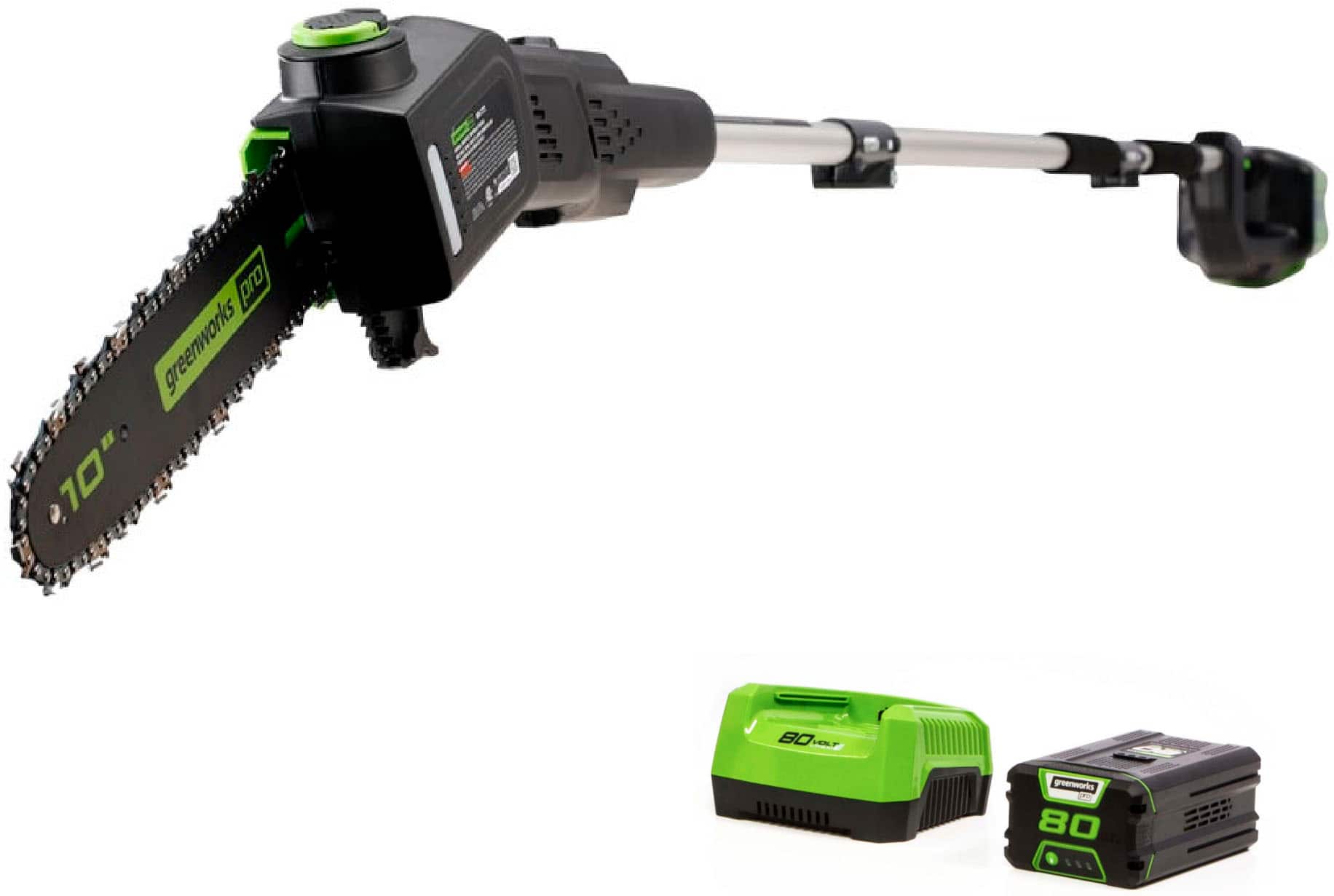 Greenworks - 80-Volt 10-Inch Brushless Cordless Pole Saw with 14.5 foot reach (1 x 2Ah Battery and Charger) - Green product…