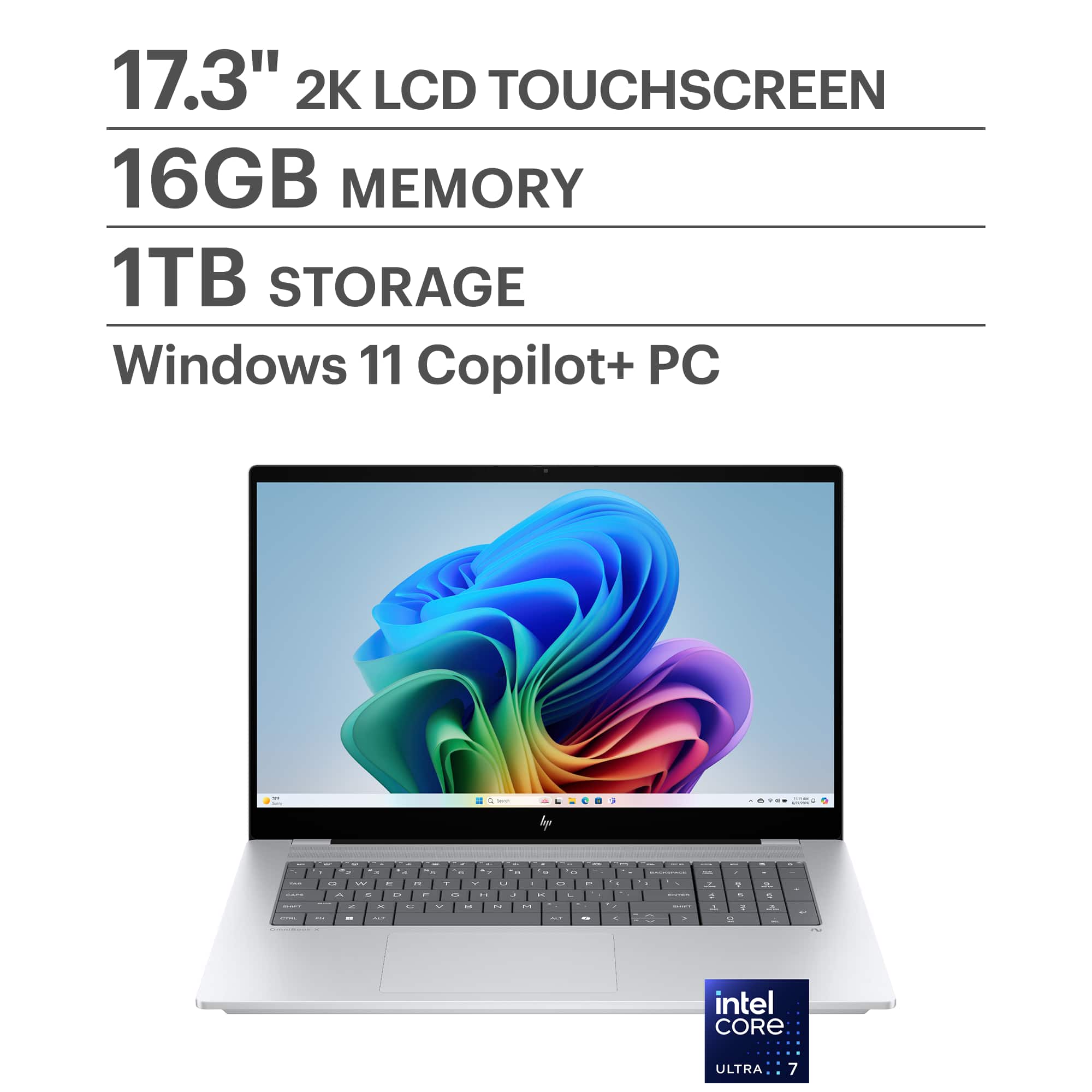 HP - OmniBook X - Copilot+ PC - 17.3" FHD Touch-Screen Laptop - Intel Core Ultra 7 256V 2024 - 16GB Memory - 1TB SSD - Glaci…
