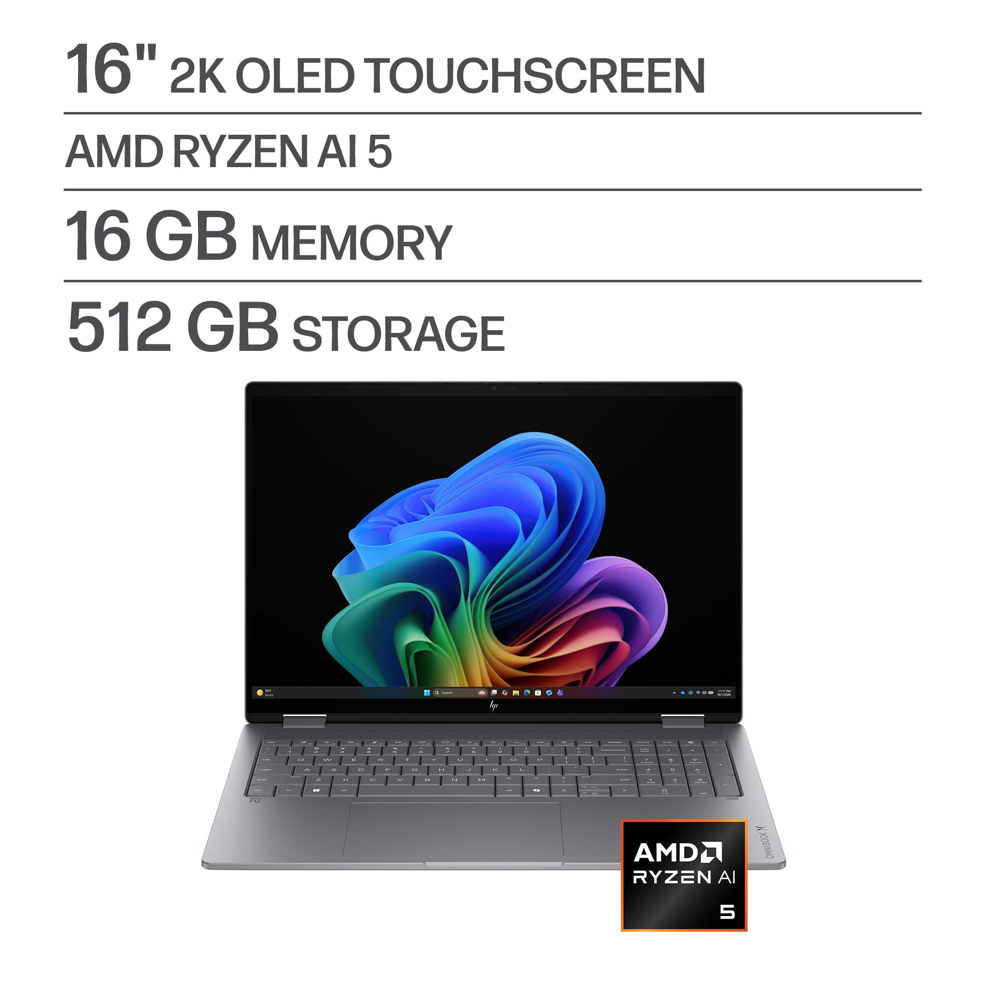HP - OmniBook X Flip 2-in-1 - 16" 2K OLED Touchscreen Laptop - AMD Ryzen AI 5 430 (2026) - 16GB Memory - 512GB SSD - Copilot…