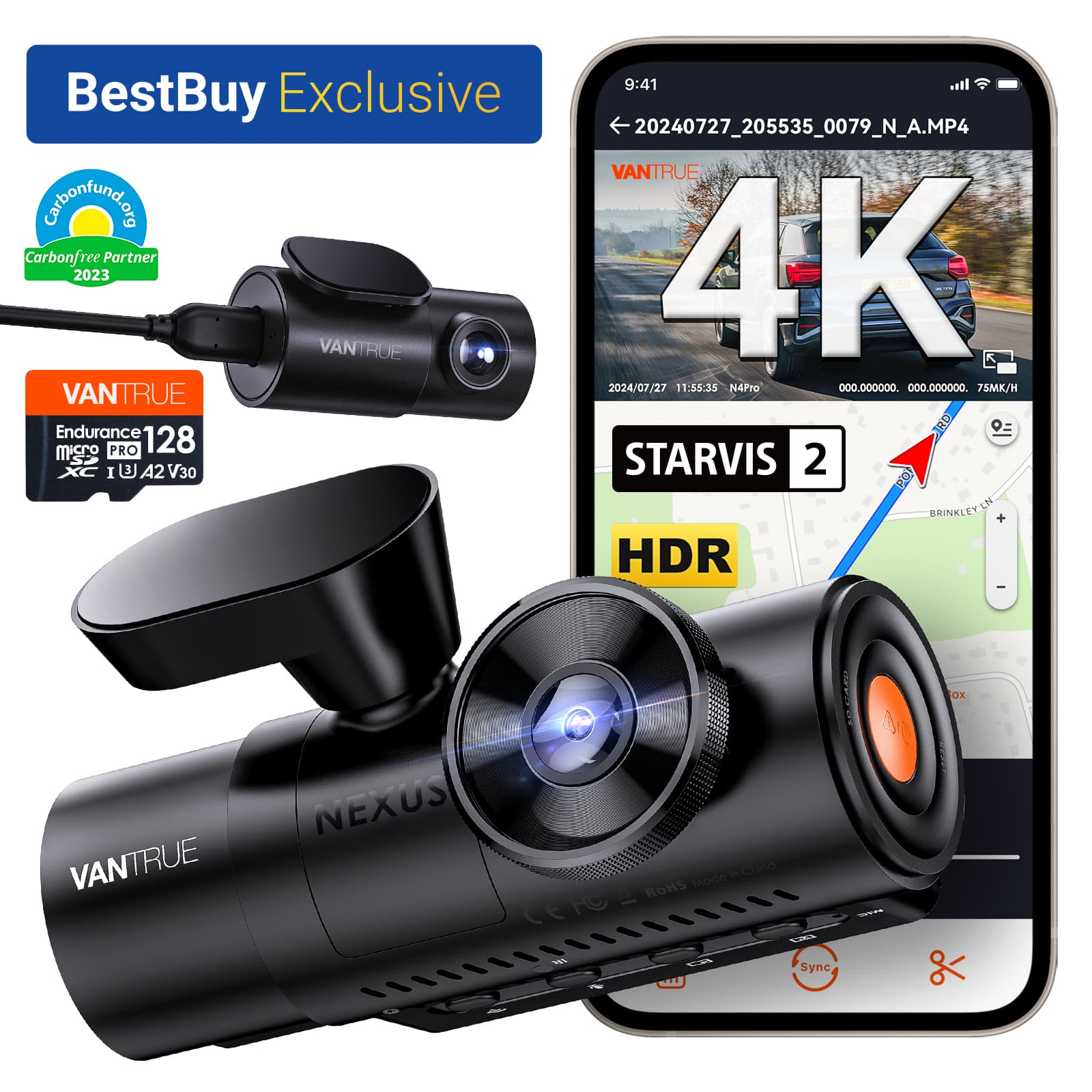Vantrue - N4 PRO 4K HDR 3-Channel Dash Cam w/ 128GB Micro SD Card, Front-Cabin-Rear, Parking Mode, Night Vision, 5GHz Wi-Fi&…